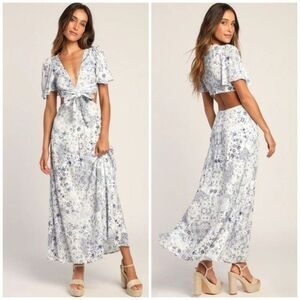 Lulus Stroll the Avenues White Floral Print Tie-Front Maxi Dress Size Medium